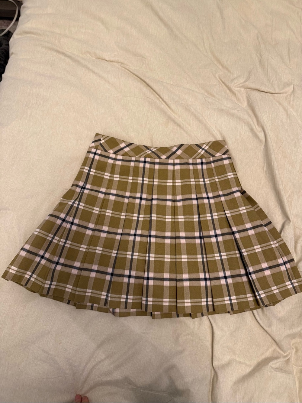 Sunday Best Olive Plaid Skater Skirt with Pink & White Stripes